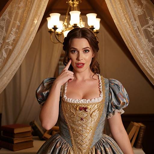 Photograph of a brunette woman in a Renaissance-style blue and gold dress, with puffed sleeves, finger to lips, in a warmly lit, lace