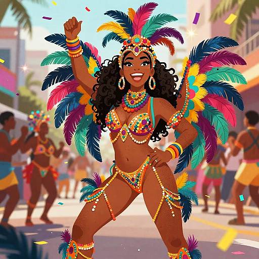 Vibrant digital illustration of a dark-skinned woman in colorful, feathered Carnival costume, bejeweled bikini, and ornate headpiece