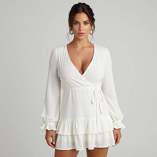 Photograph of a young woman with dark hair in a loose updo, wearing a white, long-sleeved, deep V-neck, ruffled