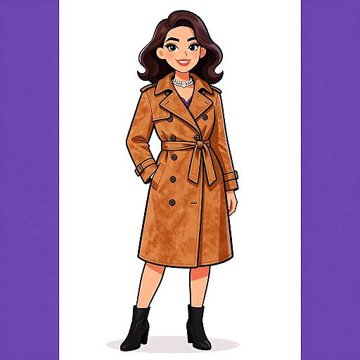 Digital illustration of a smiling woman with wavy brown hair, wearing an orange trench coat, black ankle boots, pearl necklace, and standing against a white