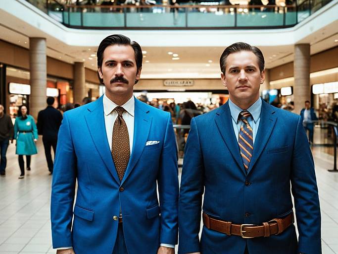 Photograph of two men in blue suits, one with a brown polka-dot tie, the other with a striped tie, standing in a brightly lit
