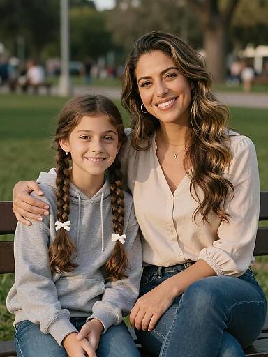 Mother and Daughter Sitting on Park Bench