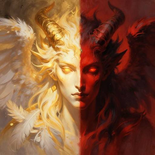 Split portrait of a fiery, winged demon with glowing yellow eyes on the left and a dark, red-eyed, horned figure on the right.