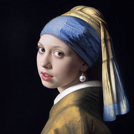 Photorealistic digital painting of a woman with pale skin, blue headscarf, gold and blue headdress, red lips, and pearl earring