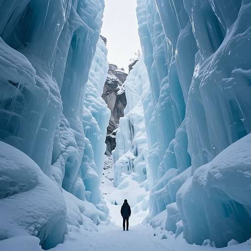 Photograph of a narrow, icy cave with towering blue ice formations, a single person in dark clothing standing in the center. Bright white sky visible through