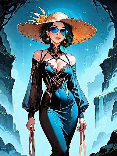 Woman in Elegant Dark Fantasy Dress with Wide-Brimmed Hat