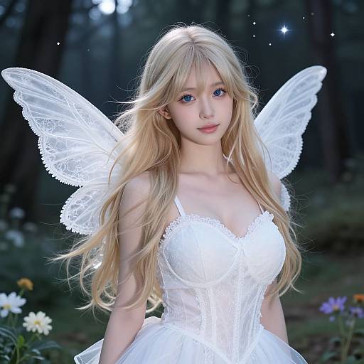 Digital artwork of a blonde, blue-eyed fairy with translucent wings, wearing a white, lace-trimmed dress in a dark forest.