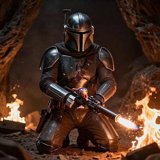 Photograph of a knight in black, reflective armor with a helmet, kneeling and firing a gun amidst bright flames in a dark, rocky cave.