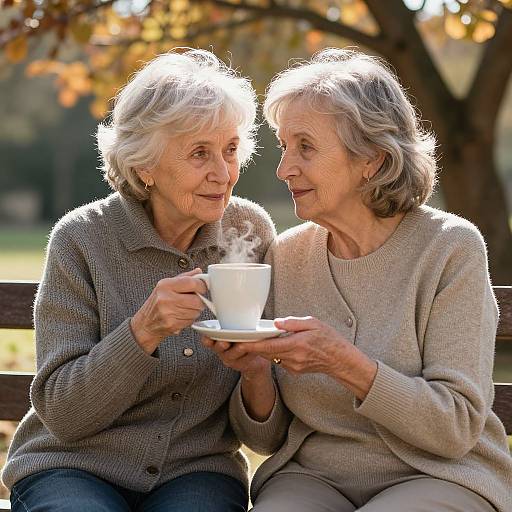 Photograph of two elderly women with white hair, wearing knit sweaters, sitting on a bench, sharing a steaming white cup of coffee outdoors in