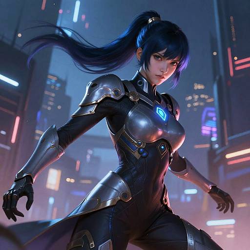 Digital artwork of a fierce, dark-haired woman with a high ponytail in futuristic, black and silver armor with glowing blue accents, standing confidently in a