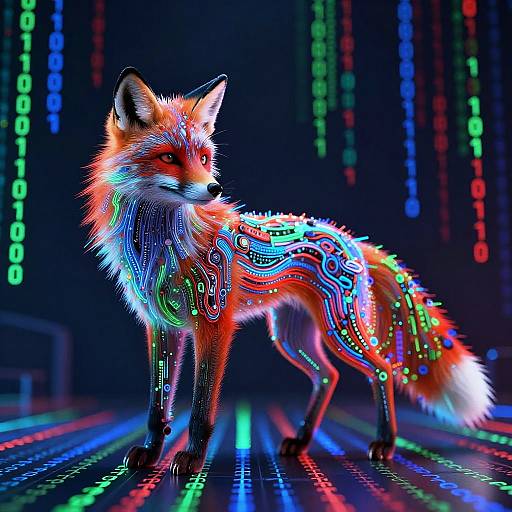 Cybernetic Fox with Neon Binary Code