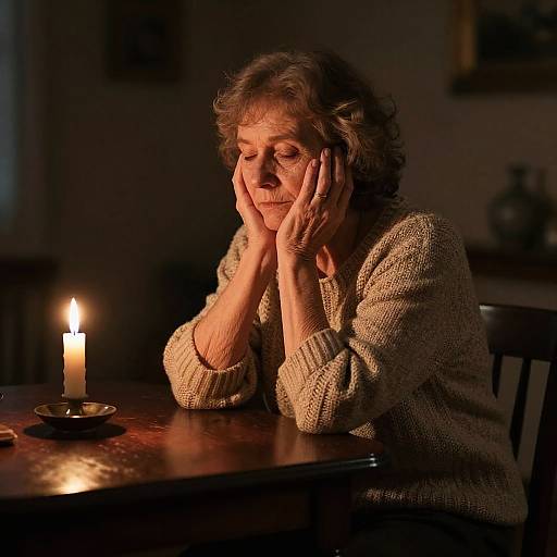 Photograph of a middle-aged woman with wavy gray hair, wearing a beige knit sweater, sitting by a lit candle, hands on cheeks, in