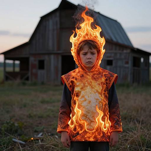 Photograph of a serious young boy in a fire-illuminated, hooded shirt with flames on his head, standing in front of a rustic