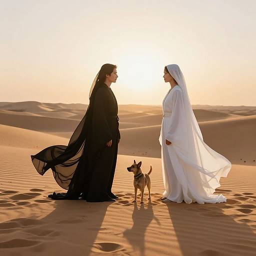Photograph of two women in black and white traditional desert robes facing each other in a sunlit desert, with a small dog between them, sand d