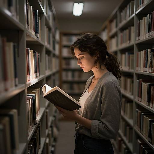 Woman Reading in Dimly Lit Library