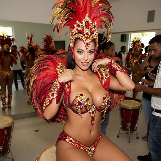 Photograph of a Latina woman with tan skin, large breasts, wearing a red and gold feathered headdress and bikini, posing confidently in a rehearsal