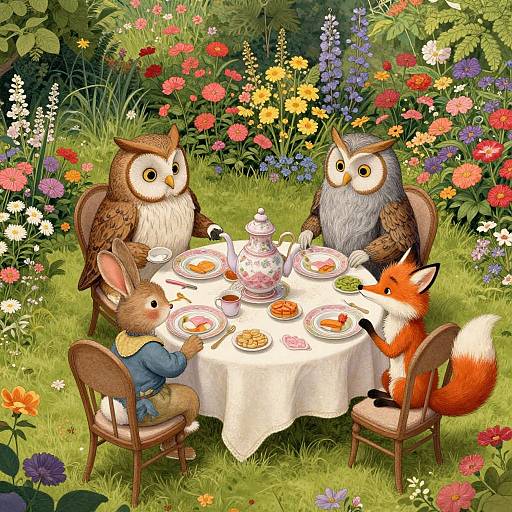 Whimsical illustration of four anthropomorphic animals: two owls, a rabbit, and a fox, having tea in a colorful, vibrant garden.