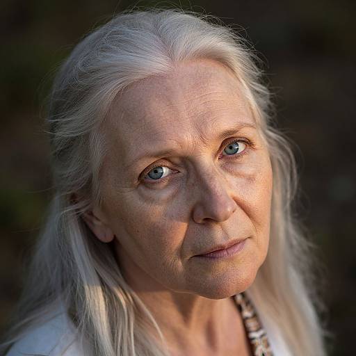 Close-up photograph of an elderly woman with long, white hair, blue eyes, and light skin, wearing a white top, with a dark, blurred