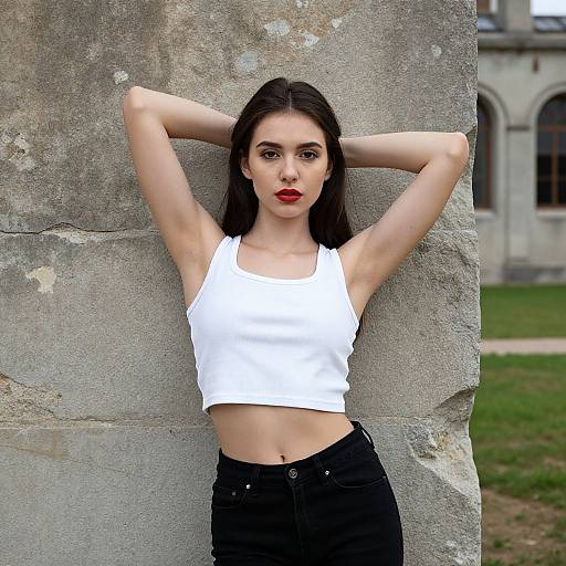 Photograph of a pale-skinned woman with dark hair, red lipstick, wearing a white crop top and black jeans, arms raised, leaning against a