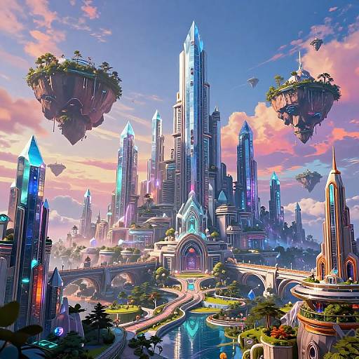 Vibrant digital art of a futuristic cityscape with towering skyscrapers, floating islands, neon lights, lush gardens, and a winding river.