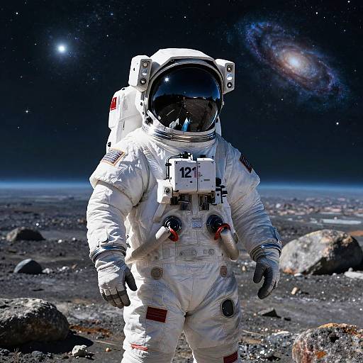 Photograph of a lone astronaut in a white spacesuit with reflective helmet, standing on a rocky lunar surface, with a starry galaxy and distant planets