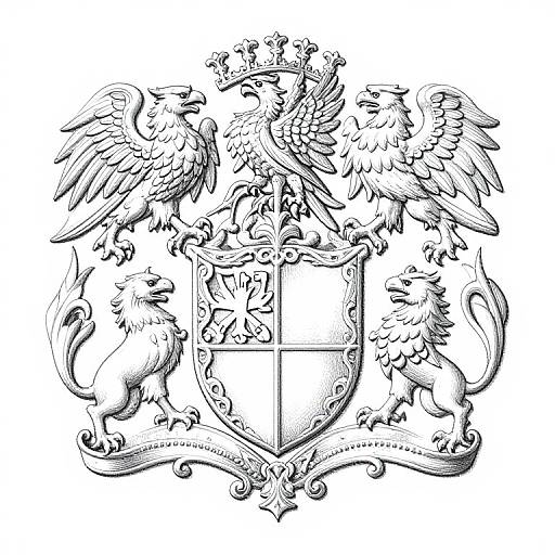 Black-and-white heraldic coat of arms featuring two crowned eagles, two lions, and a central shield with intricate scrollwork.