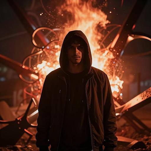 Man in Hoodie with Fiery Abstract Background