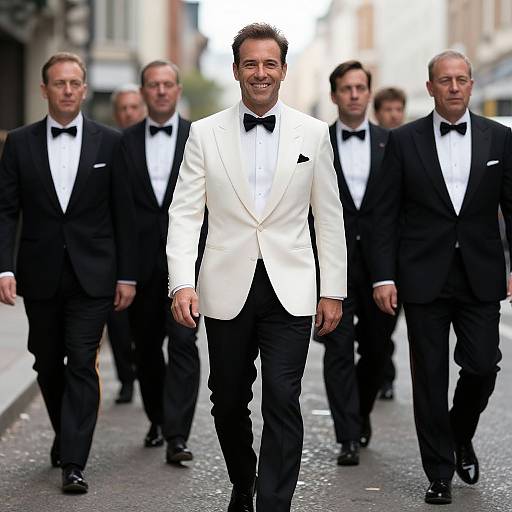 Photograph of a smiling man in a white tuxedo leading a group of men in black tuxedos down a wet, urban street.