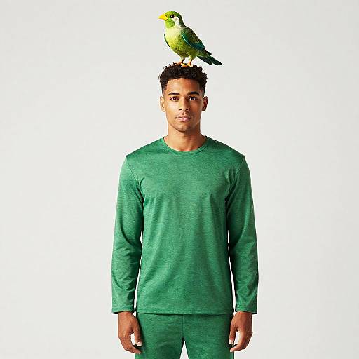 Man in Green Outfit with Bird on Head