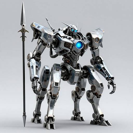 Digital illustration of a white and black mecha with glowing blue eyes and chest, holding a long spear, standing against a gradient white background.