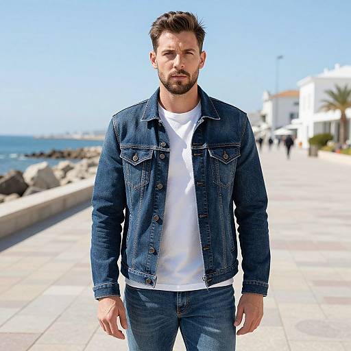 Photograph of a bearded, brown-haired man in a blue denim jacket and white t-shirt, standing on a sunny coastal walkway with blurred ocean