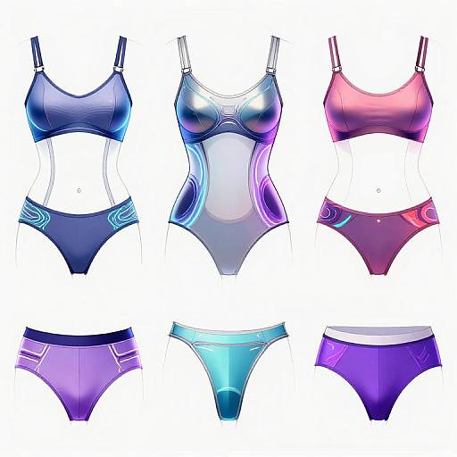Digital illustration of six colorful, gradient-patterned sports bras and panties in blue, purple, pink, and teal, arranged in a 3x2