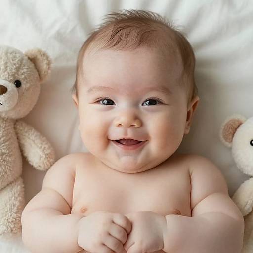 Photograph of a smiling, chubby, fair-skinned baby with brown hair, lying on a white bed, surrounded by two beige teddy bears.