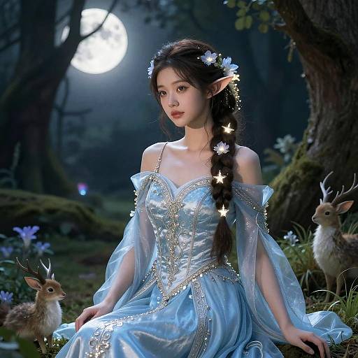 Digital fantasy artwork of an elf girl with long braid, blue off-shoulder dress, glowing stars, moonlit forest, and two deer.