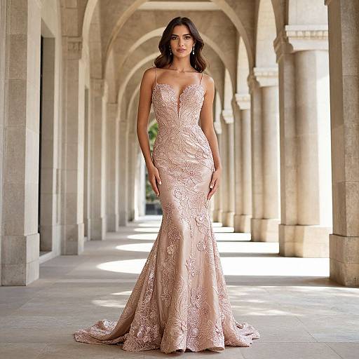 Photograph of a brunette woman in a lace, blush pink, strapless mermaid gown, standing in a sunlit, stone arcade.