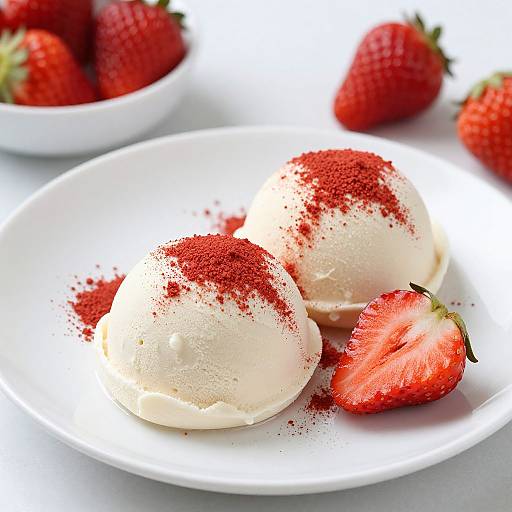 Photograph of two white ice cream scoops dusted with red cocoa powder, beside a halved strawberry, on a white plate. Background includes a