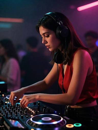 Focused Female DJ Side-View Nightlife Shot