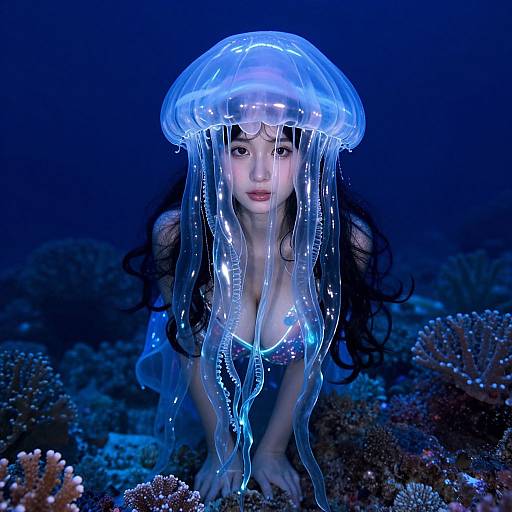 Photorealistic digital art of a beautiful, ethereal woman with long black hair, wearing a glowing blue jellyfish crown, kneeling among vibrant coral in