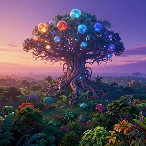 Digital art of a glowing, multi-colored, fantastical tree with swirling roots in a vibrant, sunset-lit, lush jungle landscape.