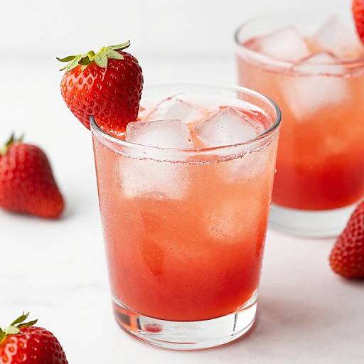 Photograph of two clear glasses filled with a vibrant red strawberry daiquiri, each with a whole strawberry garnish, and ice cubes, against a