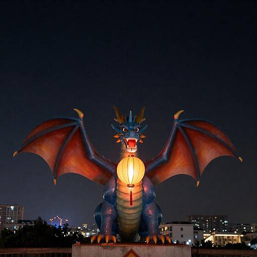 Illuminated Blue Dragon Statue at Night