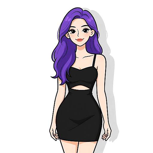 Digital anime-style drawing of a smiling woman with long purple hair, wearing a black strapless top and black skirt, against a white background.