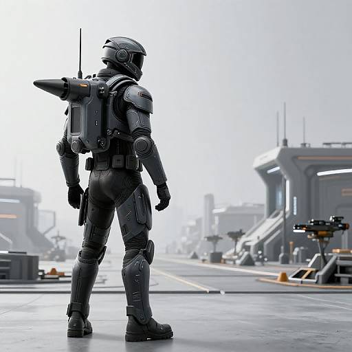 Photorealistic CGI of a black, futuristic, armored robot standing on a misty, empty street in a sci-fi city. Background includes blurred buildings