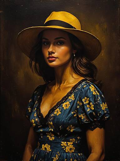 Woman in Blue Floral Dress and Yellow Hat