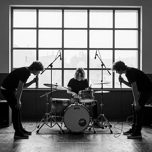 Black and White Band Rehearsal with Drummer and Vocalists