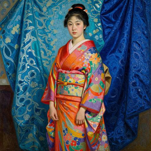 Photograph of an East Asian woman in a vibrant, colorful kimono with floral patterns, standing against blue, patterned fabric backdrop.