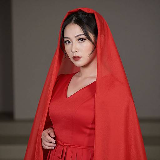 Photograph of an East Asian woman with fair skin, black hair, and red lipstick, wearing a red dress and matching red veil, standing against a