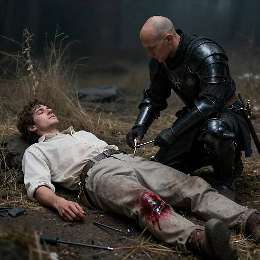 Armored Healer Tending Wounded Man