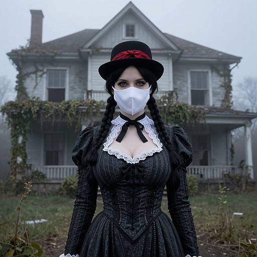 Gothic woman in black dress, white lace collar, black hat with red ribbon, white mask, stands in front of eerie, overgrown mansion