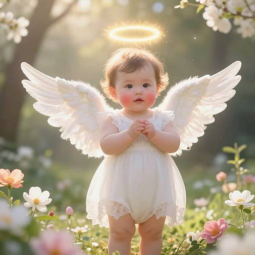 Photograph of a cherubic baby with glowing white wings, halo, and rosy cheeks, wearing a lacy white dress, standing in a sun